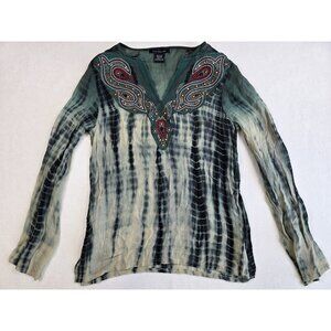 Y2K Tie-Dye Boho Sheer Tunic Top Embroidered Neckline Heart Moon Star Medium